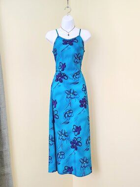 Vintage 90s Teal Floral LA BELLE Tie Back Polyester Sleeveless Maxi Dress - XS